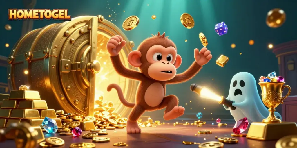 Engage with HOMETOGEL's haunted casino world as golden treasures scatter in a vivid 3D illustration.