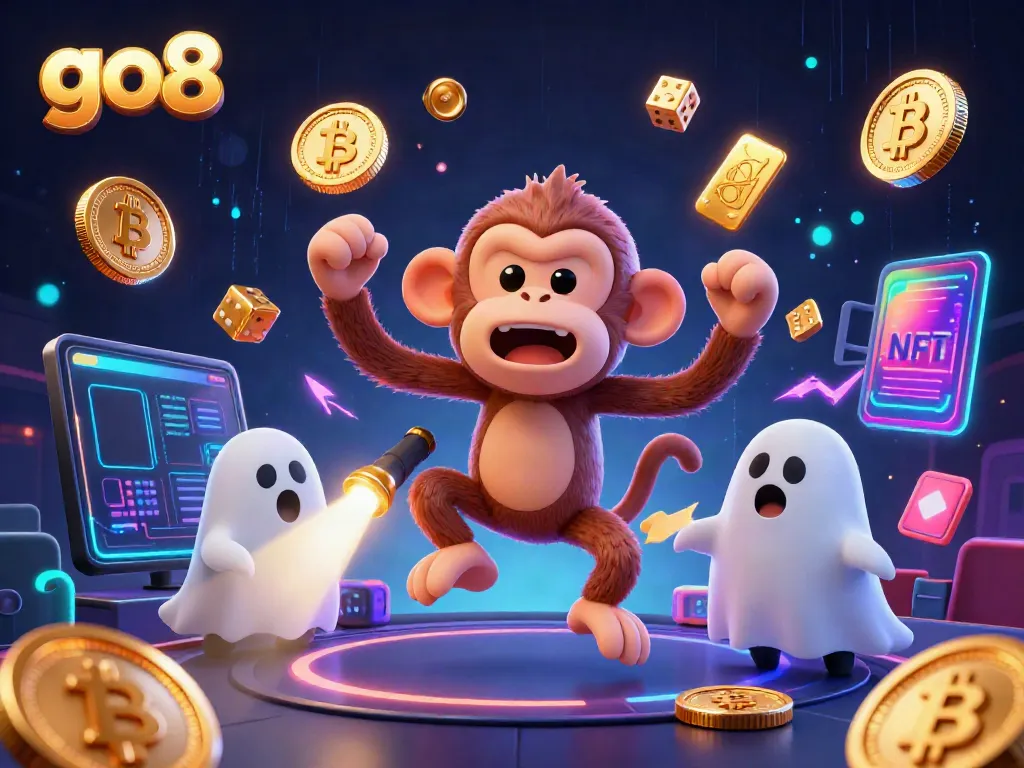 Experience thrilling gameplay with go8's 3D illustration featuring a ghost-hunter puppy and a mischievous poltergeist monkey.