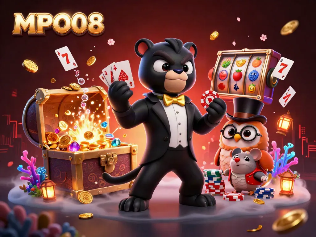 MPO08 features an engaging casino scene with a tuxedoed panther dealing cards, a top-hatted owl, and colorful slot symbols.