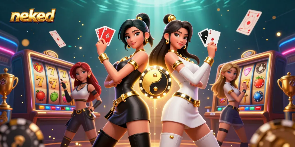 Rasakan sensasi permainan dengan dua wanita Asia neked yang memegang kartu permainan di tengah suasana kasino online yang dinamis.