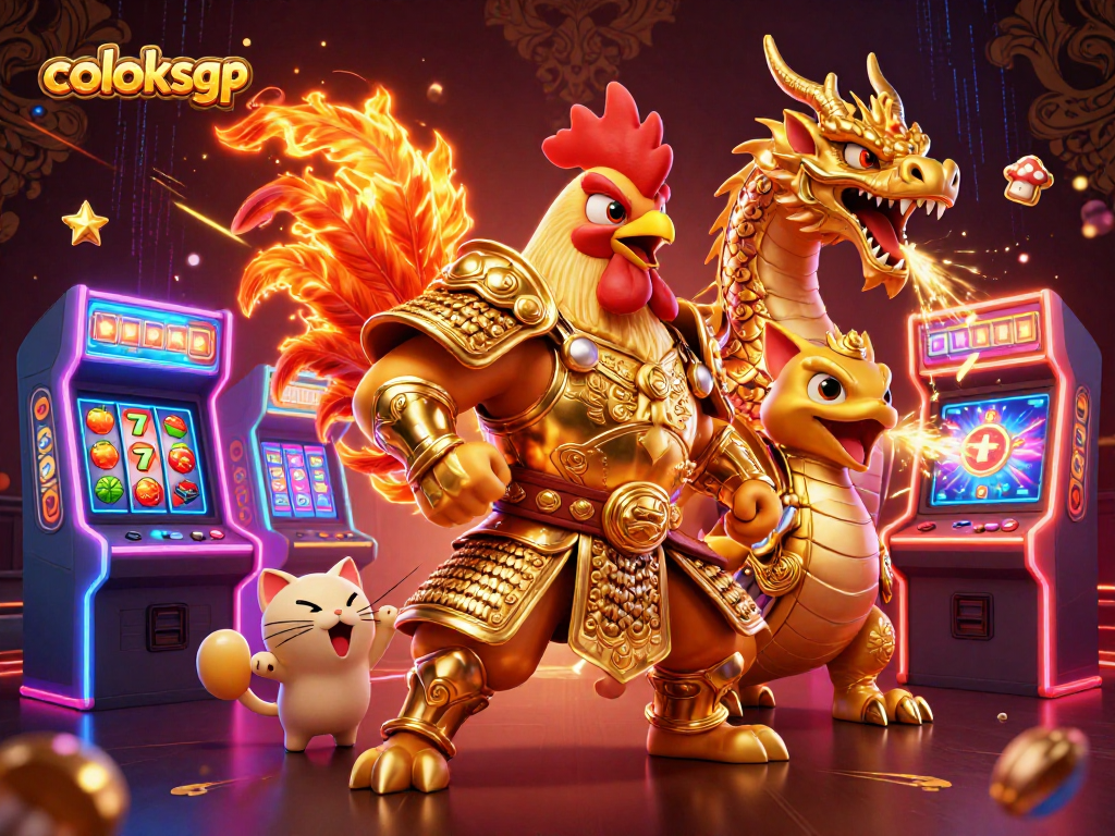 Coloksgp menampilkan ayam petarung 3D dan naga, dikelilingi mesin game warna-warni.