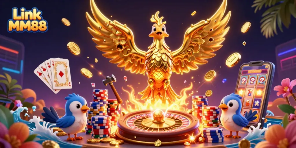 Experience the thrill of Link MM88 with molten golden phoenix and dazzling casino elements.