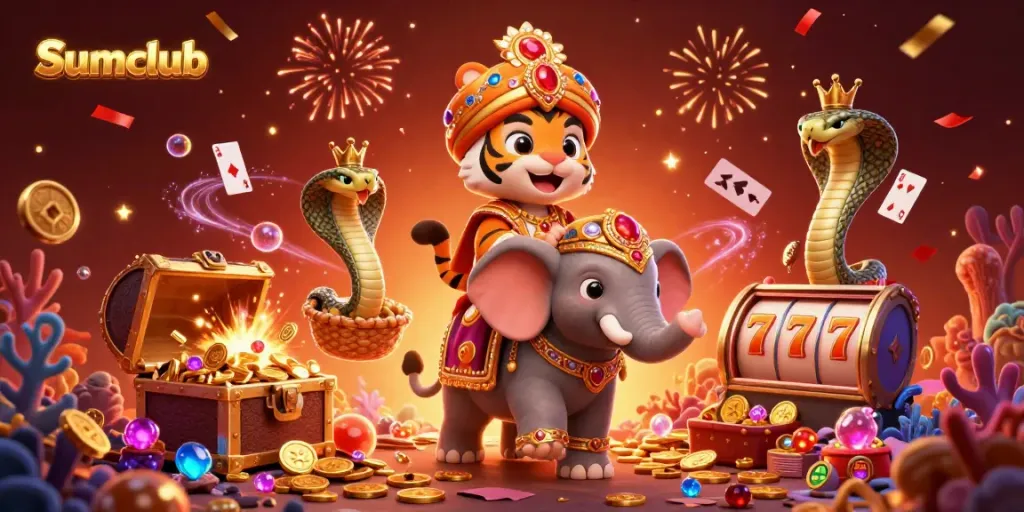 Experience exciting jackpots at Sumclub with a vibrant 3D casino illustration featuring treasure and games.