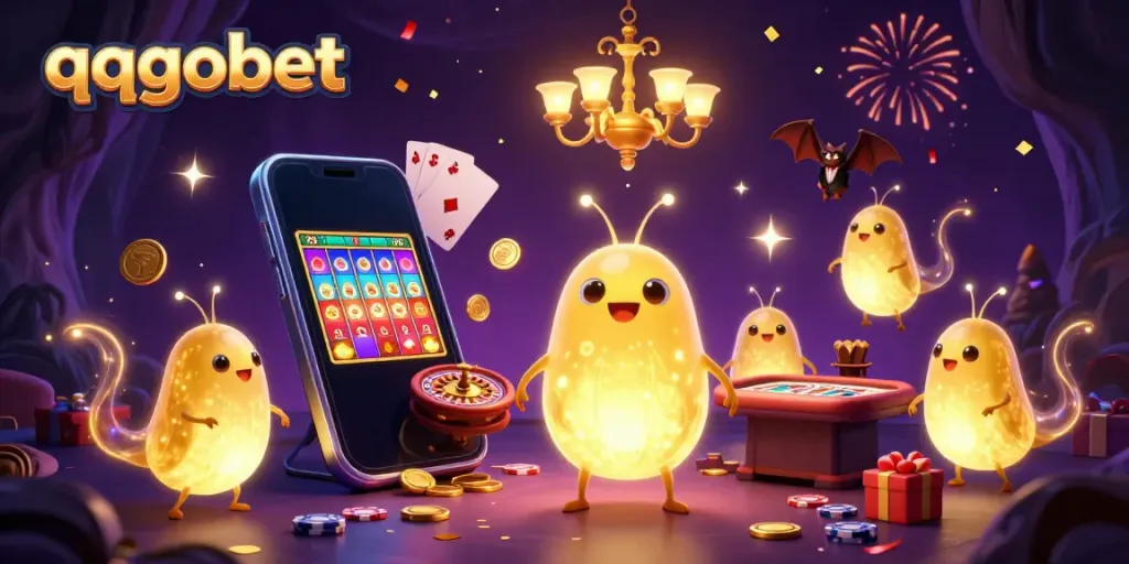 Engage in thrilling gaming at qqgobet with a colorful animated cave casino scene featuring glowing characters.