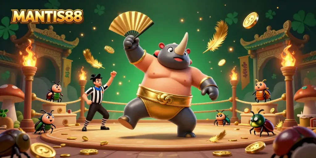 MANTIS88 brings thrilling gaming excitement as a rhinoceros beetle champion stirs up gold coins in an animated casino scene.