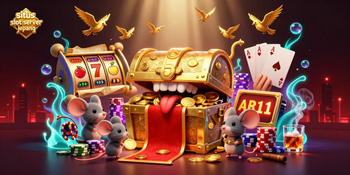 Experience the thrill of situs slot server jepang with vibrant illustrations of golden treasures and slot reels glimmering.