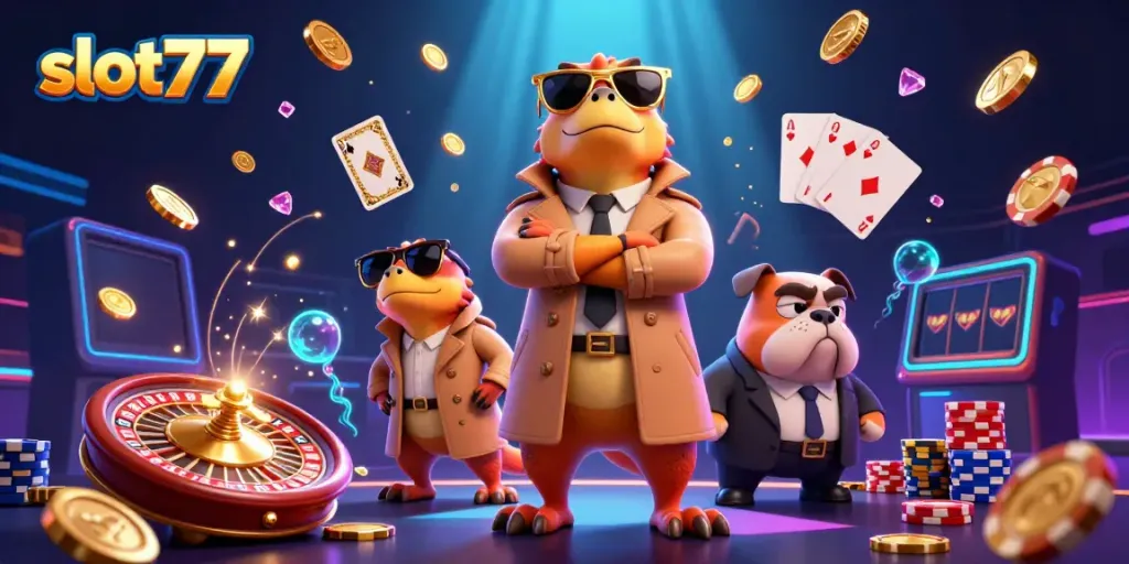 Bermain slot77 yang gacor di kasino dengan karakter kartun raptor, bouncer bulldog, dan elemen taruhan menyengat.
