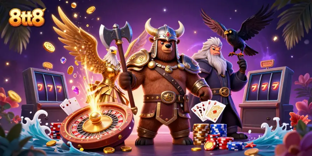 Spin with 8tt8 in an exciting casino scene featuring a Viking bear, Valkyrie eagle, and golden treasures.