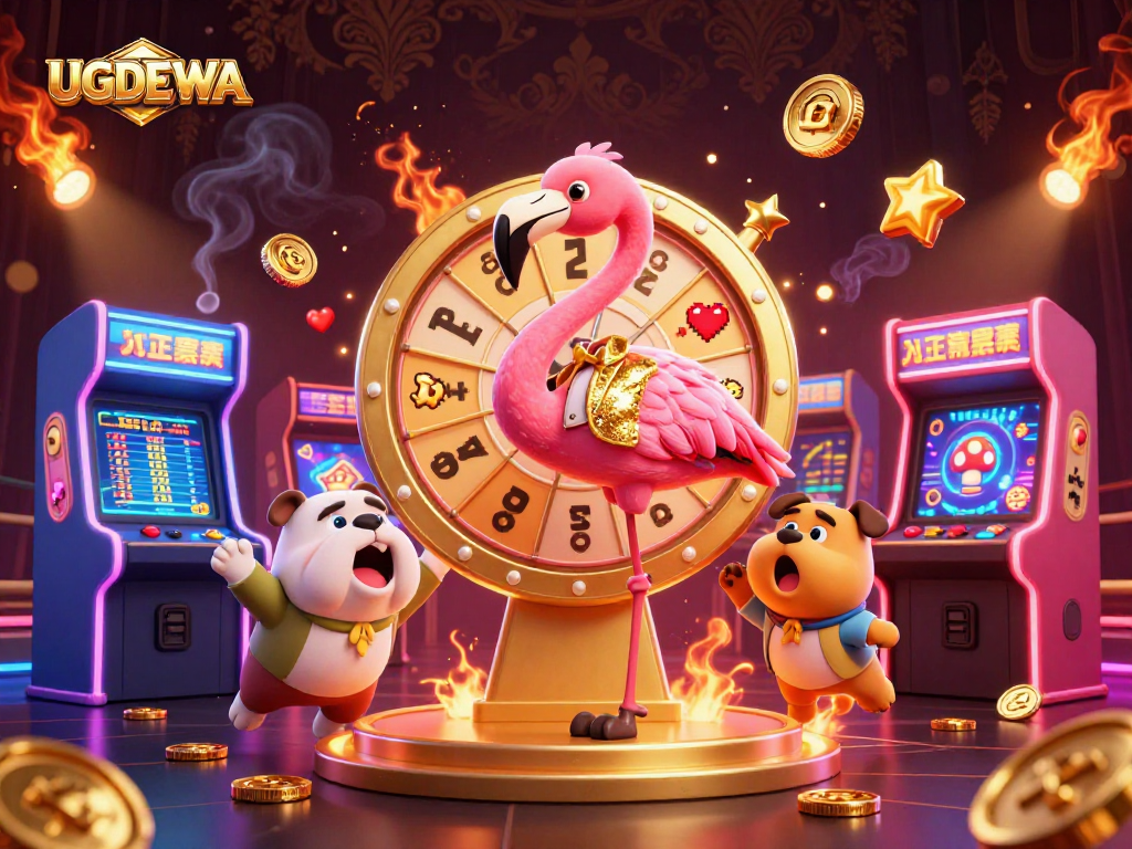 Engage with exciting games at UGDEWA, featuring colorful 3D illustrations of casino experiences.