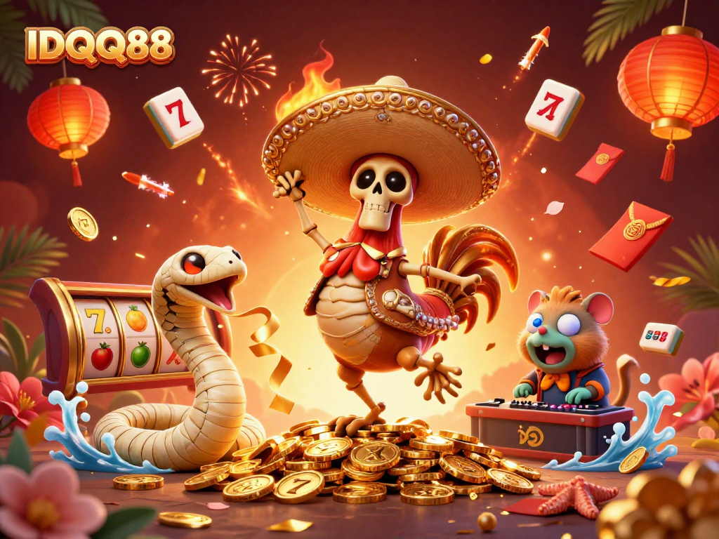 Spin the reels with IDQQ88 as vibrant characters celebrate casino wins amidst golden coins.