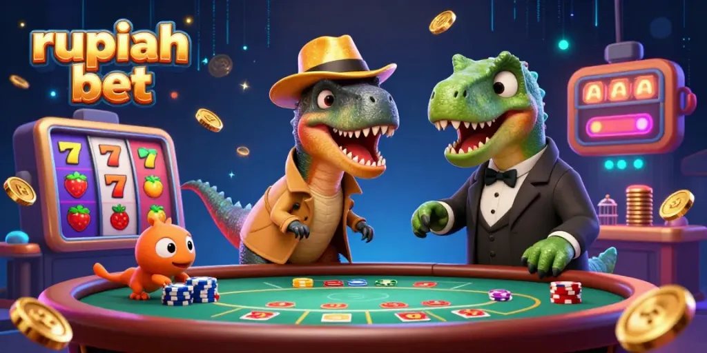 Engage in thrilling activities at rupiah bet with playful characters around a casino table.