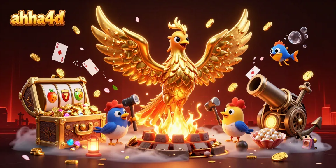 Engage in thrilling gameplay with ahha4d as a phoenix transforms into coins amidst a dynamic casino scene.