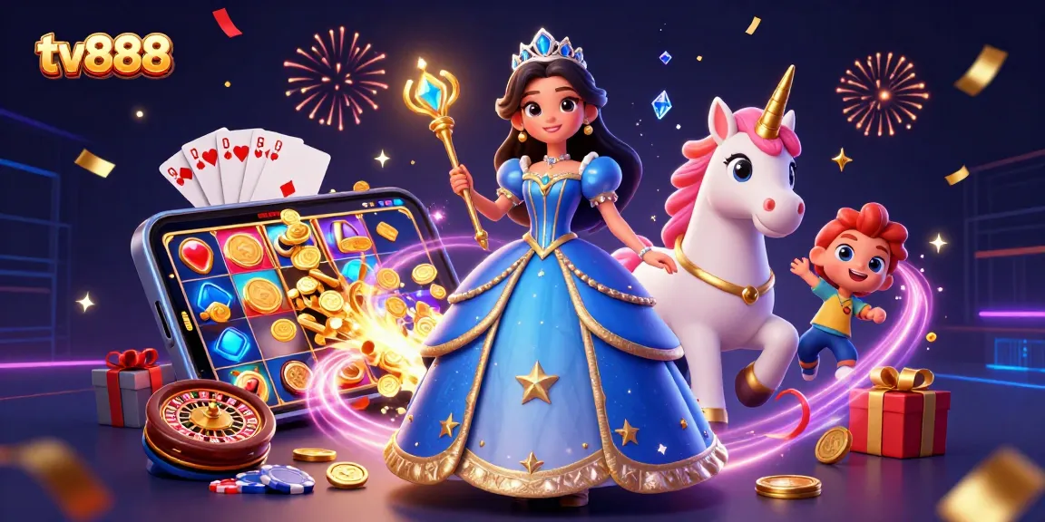 Engage with tv888's vibrant slot experience, featuring unique characters and game elements illuminated by sparkles.