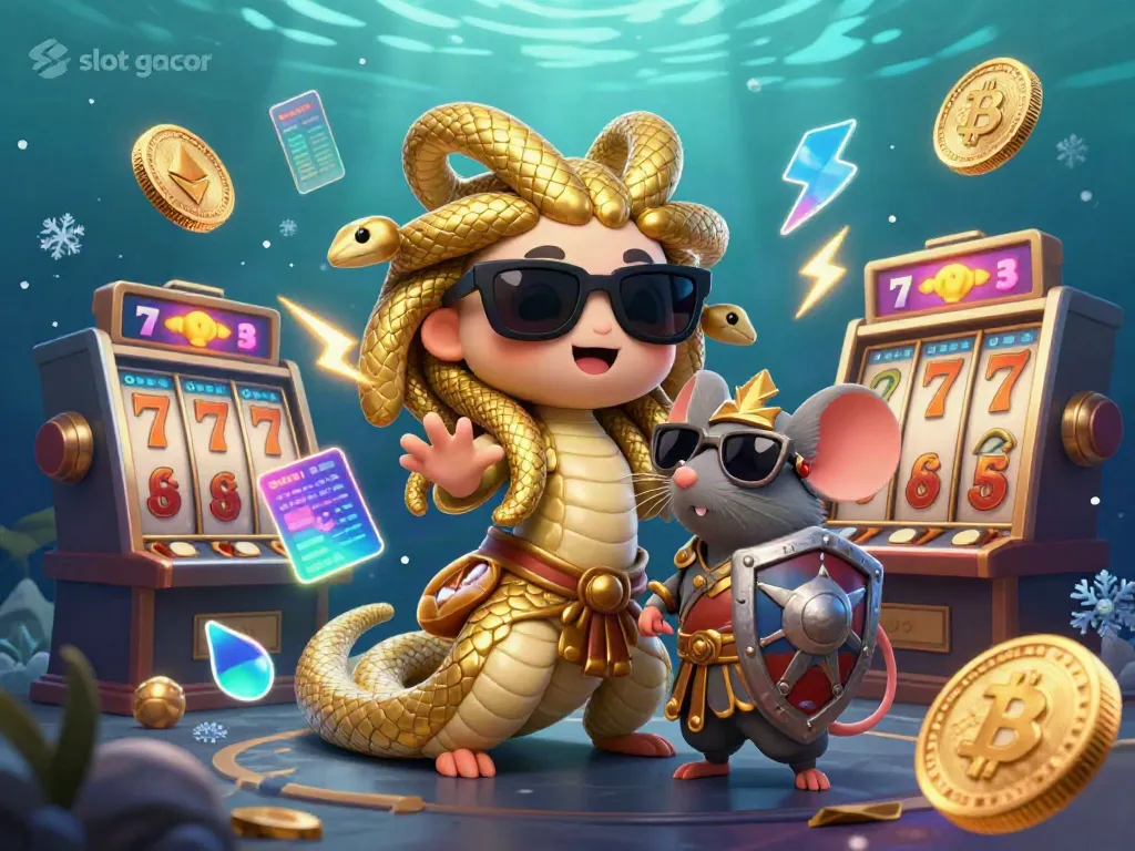 Experience vibrant gameplay in this slot gacor illustration featuring Medusa and a mouse warrior among dynamic slot machinery.
