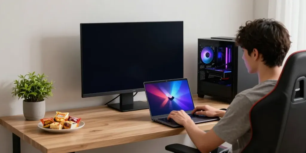 Pengguna bermain di situs harum4d dengan laptop di ruang gaming yang nyaman.