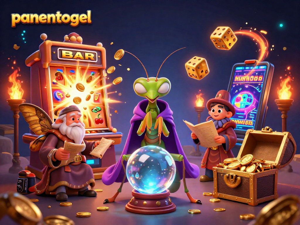 Experience winning with panentogel in a vibrant 3D casino scene featuring a fortune teller and slot machine.