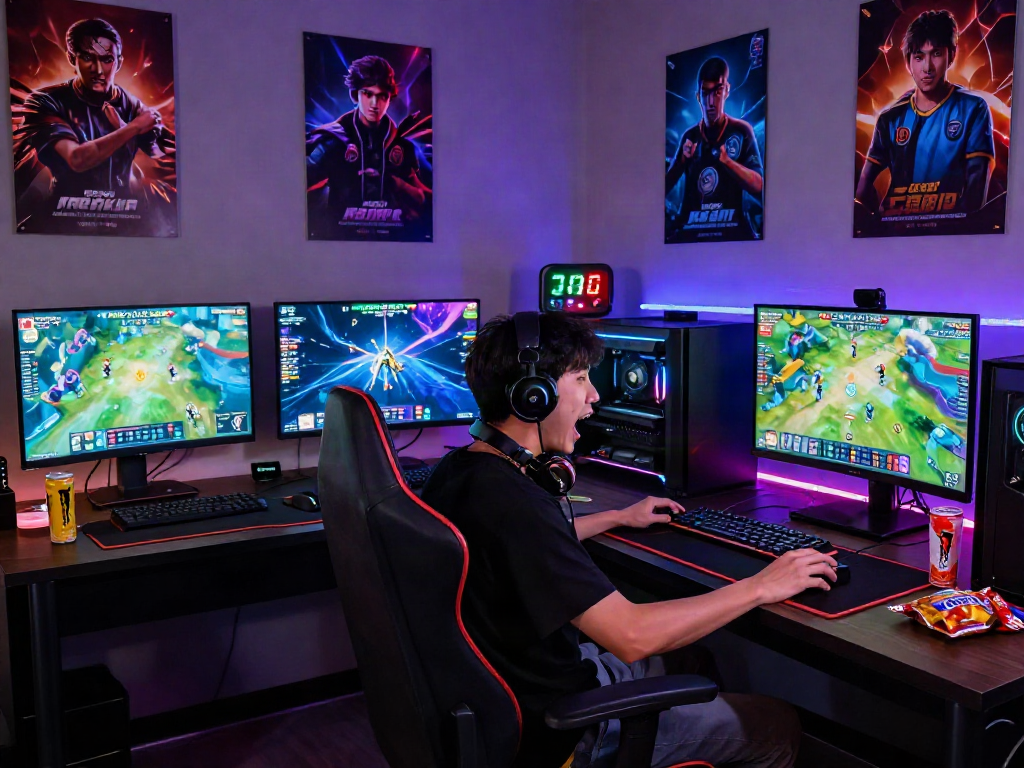Gamer antusias bermain bandar toto di ruang gaming yang penuh warna.