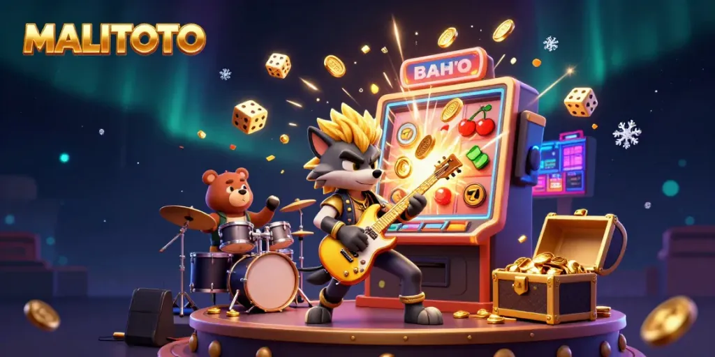 MALITOTO presents an exciting 3D cartoon scene featuring a rock star wolf and a drummer bear on stage surrounded by slots and casino action.