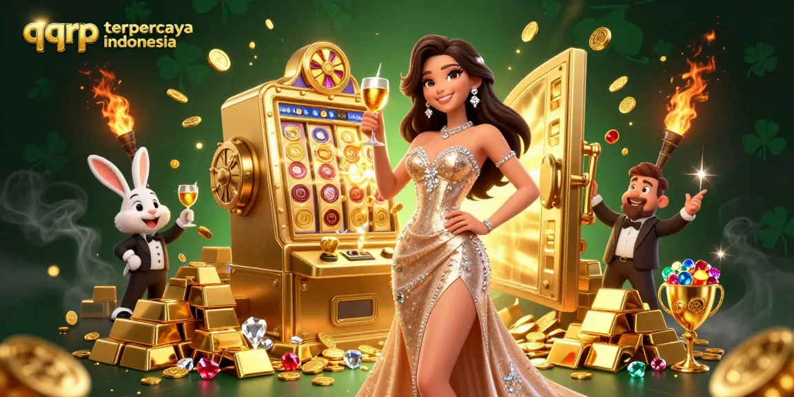 Experience the excitement of qqrp terpercaya indonesia with a glamorous jackpot scene featuring a stunning woman and a whimsical bunny croupier.