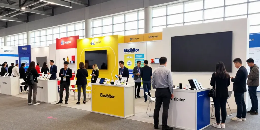 Eksibitor booths showcasing products and engaging visitors at a vibrant exhibition.