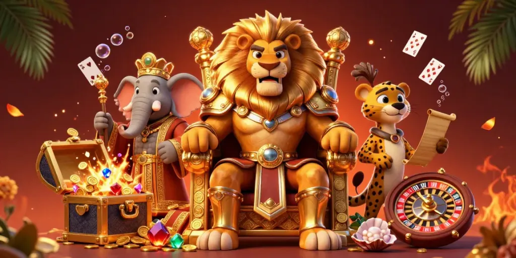 Nikmati permainan kasino dengan Rajacuan melalui ilustrasi dinamis slot dan karakter menarik.