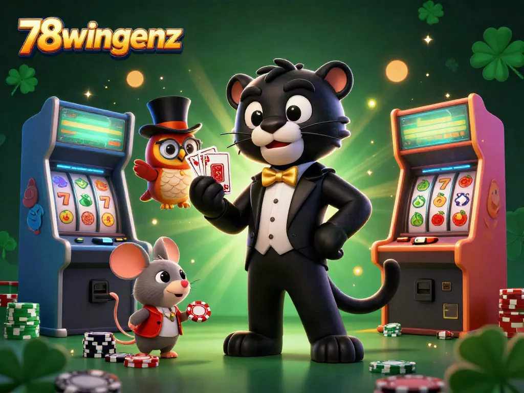 Engage with 78wingenz's exciting casino scene featuring the black panther dealing cards and vibrant game elements.