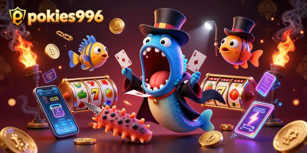 Join the excitement at pokies996 with vibrant card tricks and dynamic casino elements in a captivating ocean scene.