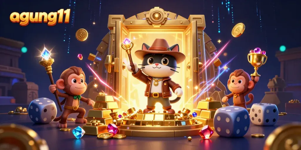 Engage with agung11, exploring treasure and golden artifacts in a dynamic casino-themed adventure.
