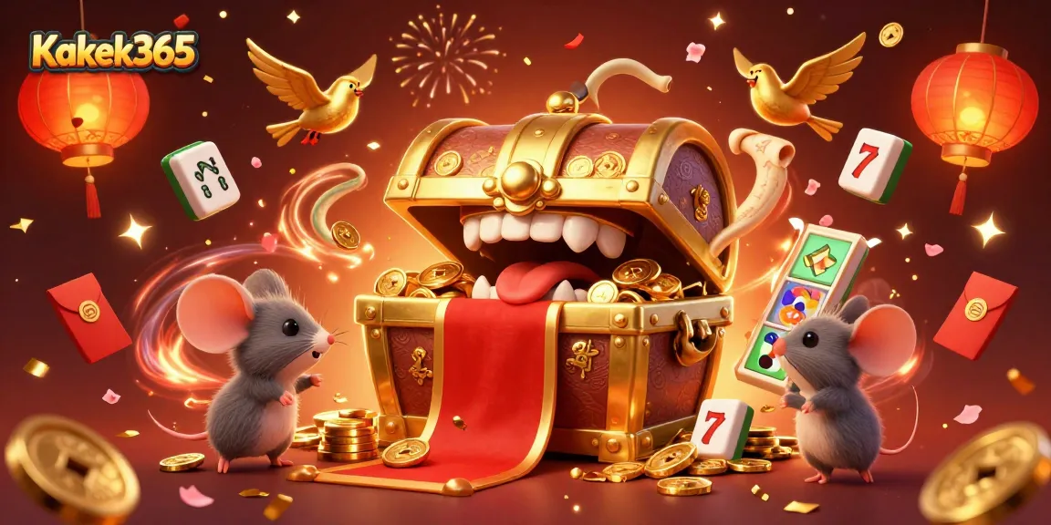 Kakek365 showcases a vibrant slot-themed illustration with dynamic elements and a treasure chest inviting adventurers.