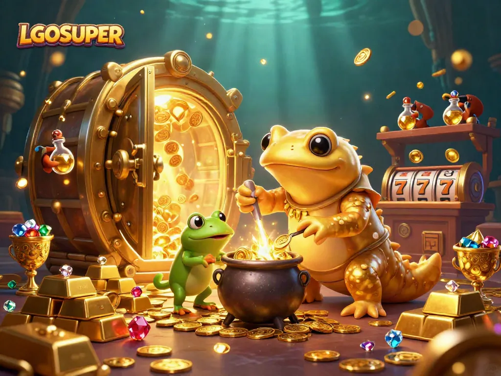 Experience LGOSUPER with a vibrant 3D illustration depicting golden treasures and slot elements.