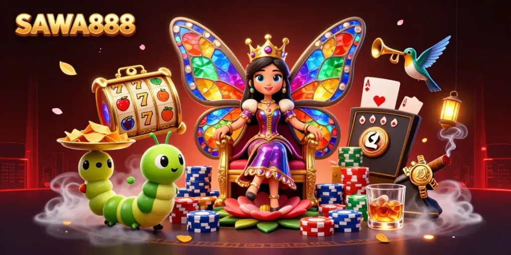Engage with SAWA888's vibrant casino experience featuring colorful slots, butterfly queen, and rich casino elements.