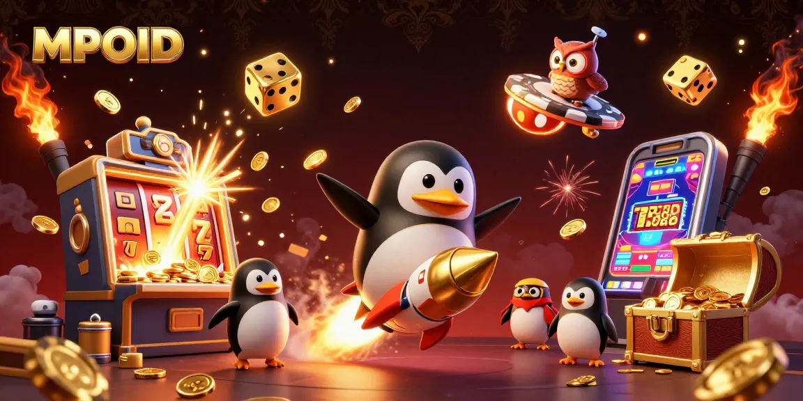 MPOID brings excitement as a golden penguin blasts to a casino space station amid dynamic game symbols and golden trails.