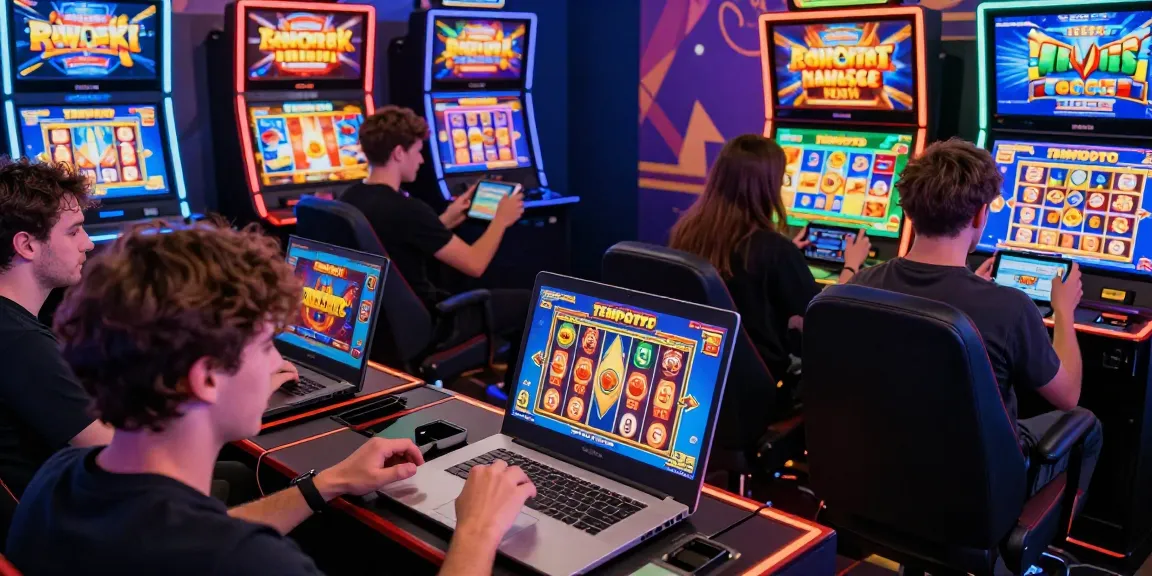 Excited gamers playing TEMPOTOTO slots online, showcasing diverse slot titles and vibrant graphics in an engaging atmosphere.