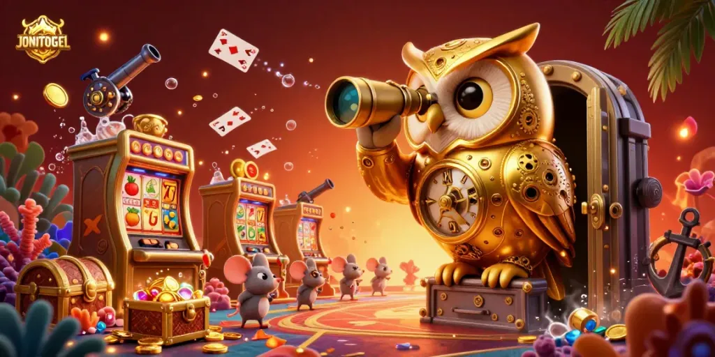 JONITOGEL showcases a dynamic casino scene with a golden clockwork owl and lively gaming patrons.