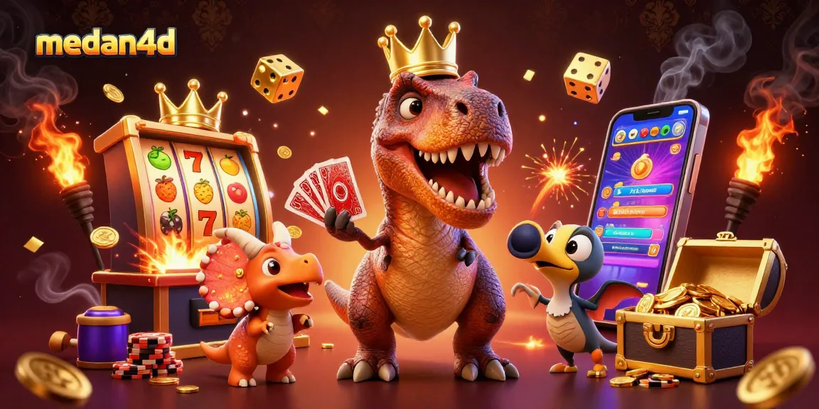 Gambarlah medan4d dalam kasino dengan T-Rex yang mengocok kartu dan triceratops menumpuk chip emas.