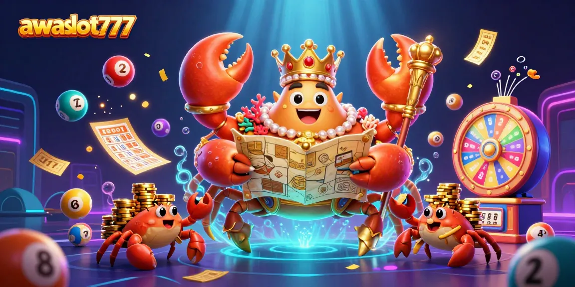Join the fun at awslot777 with a vibrant scene featuring a golden crab emperor and gaming elements.
