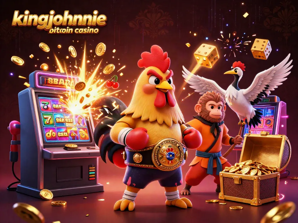 Experience the kingjohnnie bitcoin casino with lively characters amidst vibrant gambling elements.