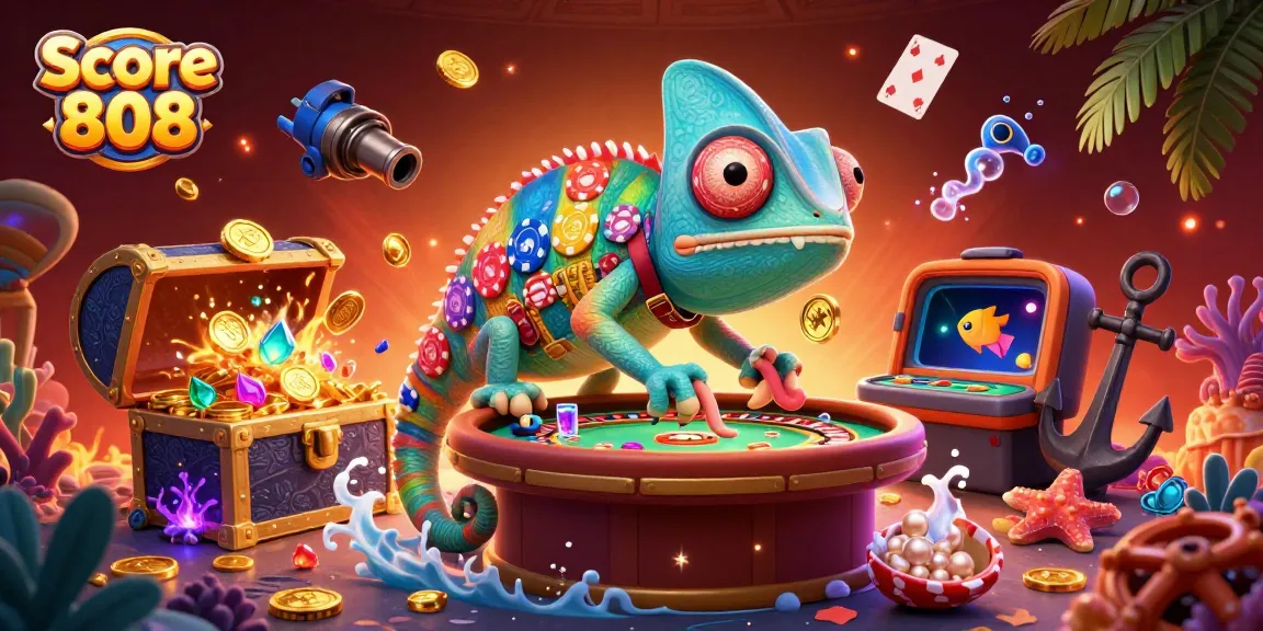 Score 808 captures thrilling moments with a vibrant chameleon casino owner in a dynamic gambling scene.