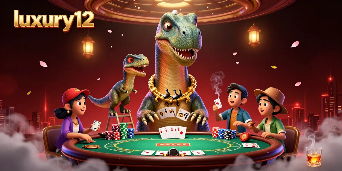 Play poker with luxury12 in a whimsical 3D casino scene featuring a brontosaurus and raptor.