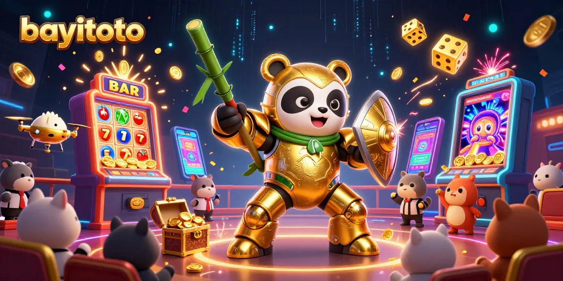 Experience bayitoto's thrilling casino gameplay with our vibrant 3D animated illustration featuring exciting slot machines and game elements.