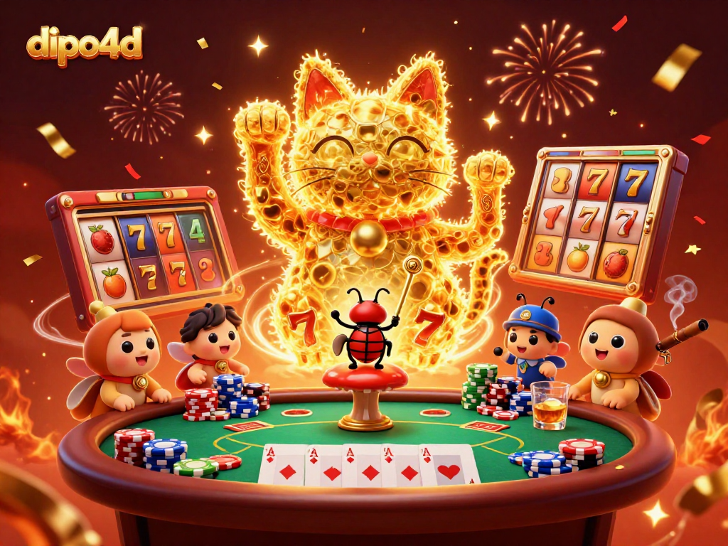 Boost your gaming experience with dipo4d's vibrant lucky cat illustration amid casino excitement.