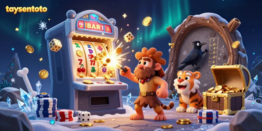 Permainan menarik di taysentoto dengan karakter gua, harimau, dan slot jackpot berkilauan.