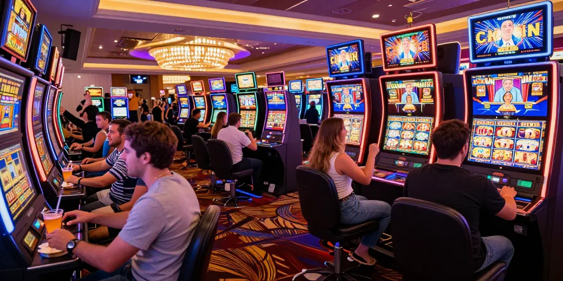 Excited players enjoying situs slot games in a vibrant casino atmosphere.