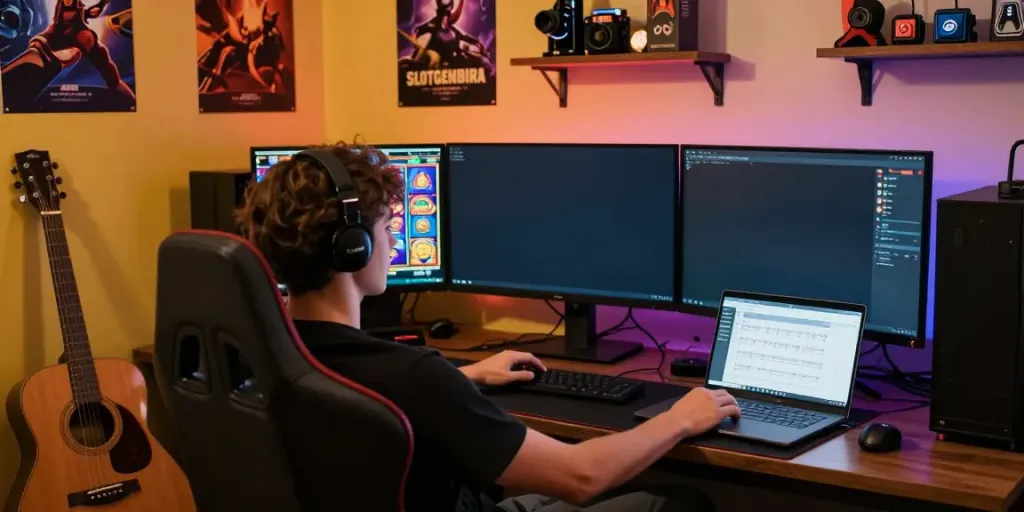 Engaging gaming experience at shredguitaronline.com featuring a player immersed in vibrant slot games and acoustic guitar.