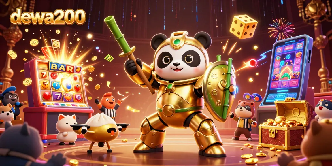 dewa200 menciptakan suasana kasino dengan panda emas, mesin slot, dan harta kekayaan dalam ilustrasi menakjubkan.
