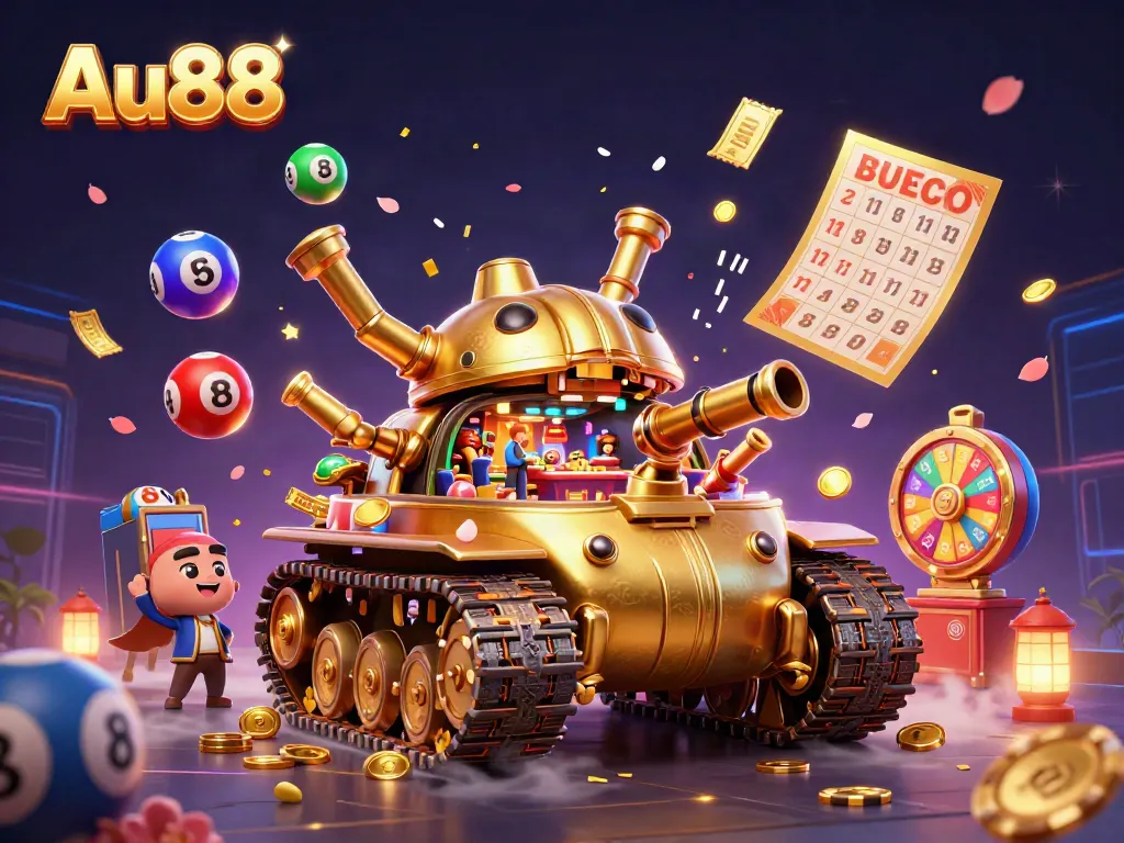 Experience the excitement of Au88 with a vibrant casino-themed digital illustration featuring a golden beetle tank.