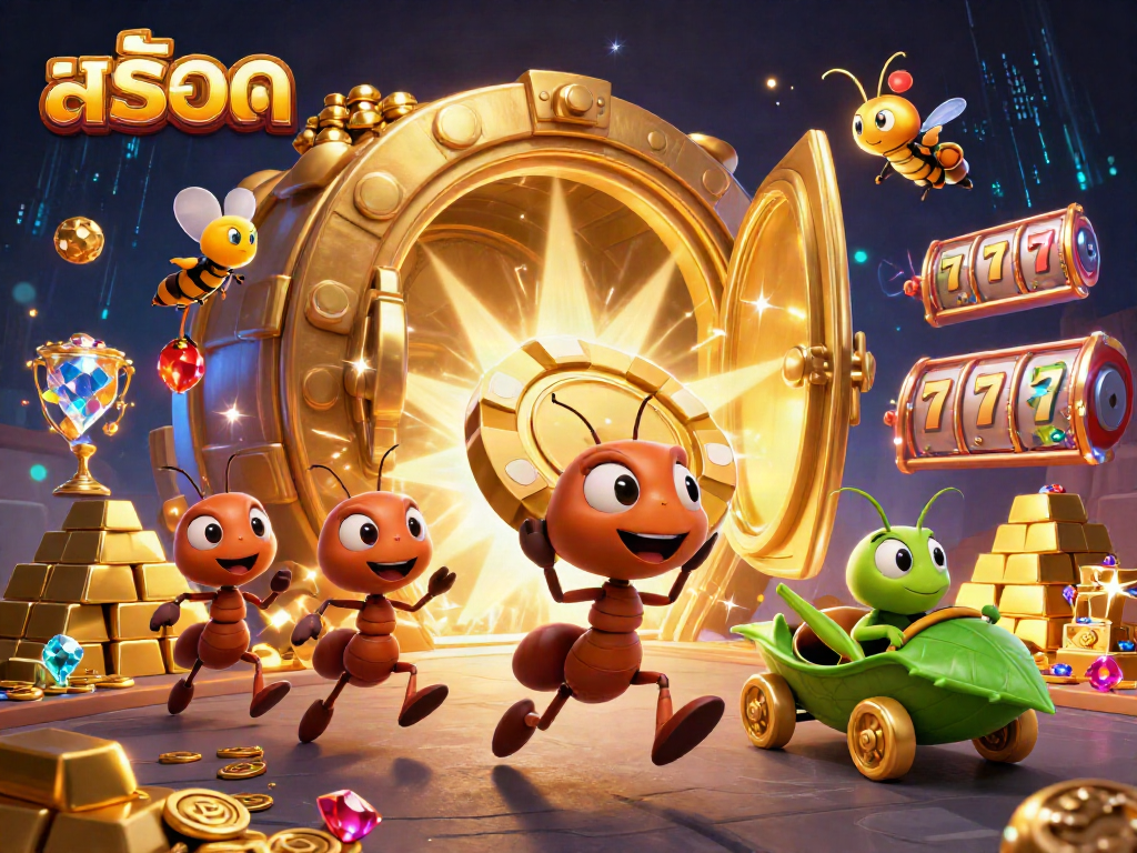 Experience thrilling สล็อต action with cartoon ants heist, golden chips, and vibrant gem treasures.