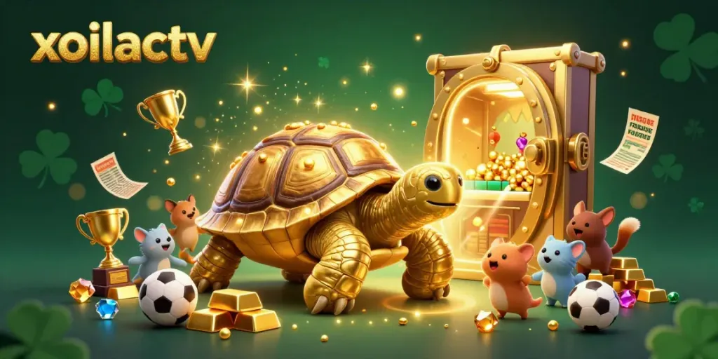 Experience the thrill of sports betting with xoilactv's vibrant scene featuring a colossal golden tortoise.