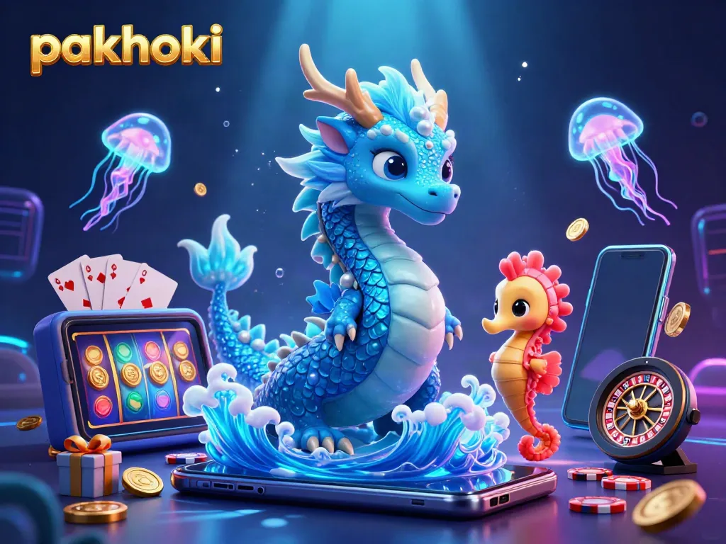 Mainkan pakhoki dengan ilustrasi naga air dan pemain slot di bawah cahaya bawah laut.