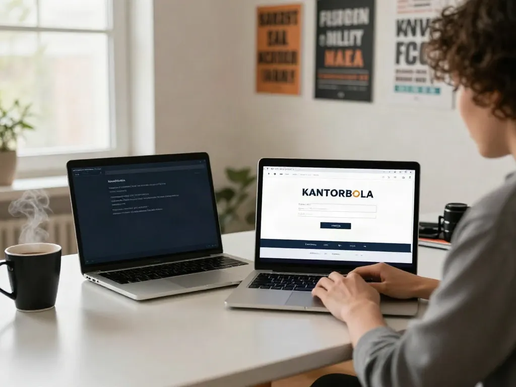 Proses KANTORBOLA login di ruang kerja modern dengan laptop dan smartphone.